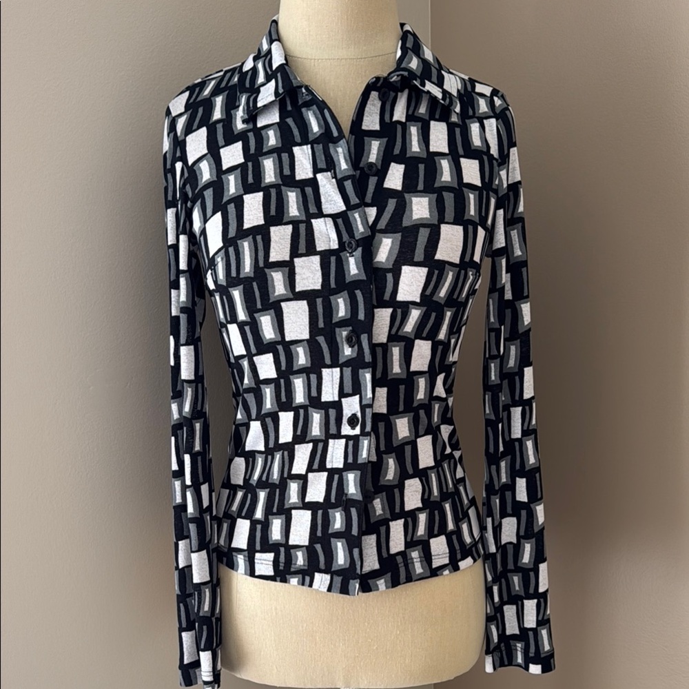 Geometric Black and White Button-Up Shirt